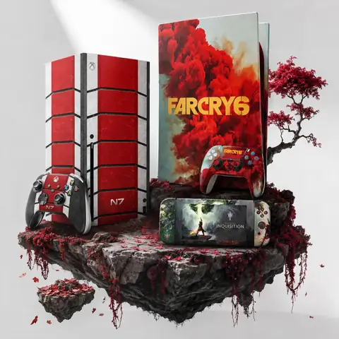 A Mass Effect N7 Xbox Series X skin, a Far Cry 6 PS5 skin and a Dragon Age: Inquisition Nintendo Switch skin, each with a matching controller