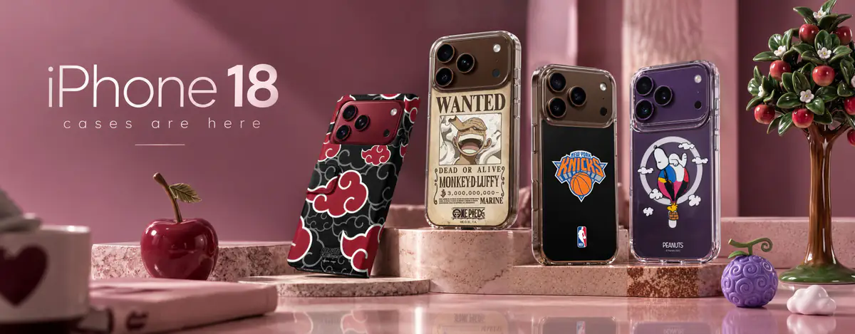 iPhone 18 cases are here: Naruto Akatsuki, One Piece, New York Knicks and Peanuts cases on a pink stage
